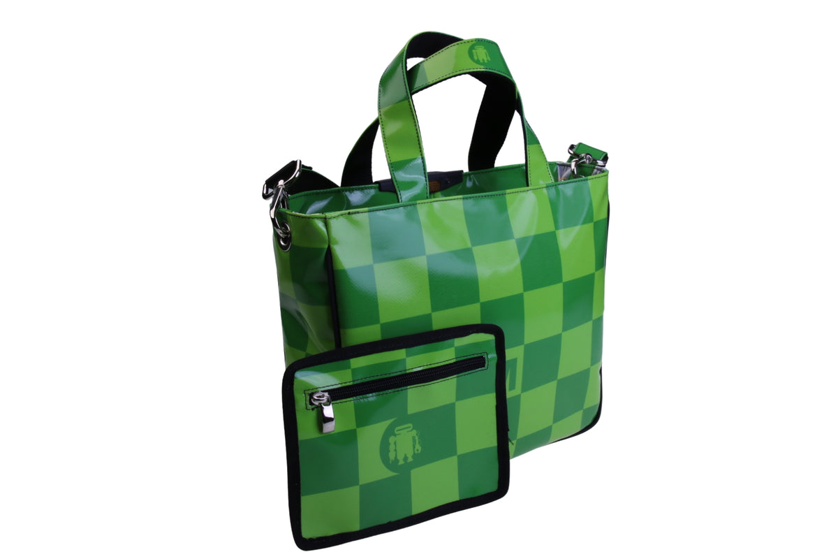 BORSA DONNA VERDE FANTASIA SCACCHI. MODELLO GLAM IN TELONE CAMION.