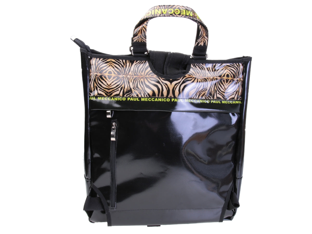 BORSA 2 IN 1 - VENTIQUATTRORE E ZAINO NERA FANTASIA ANIMALIER. MODELLO HYBRID IN TELONE CAMION.