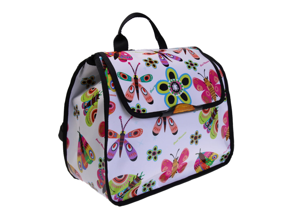 ZAINO BORSA DONNA BIANCO CON &quot;FIORI E FARFALLE&quot;. MODELLO PULP IN TELONE CAMION.