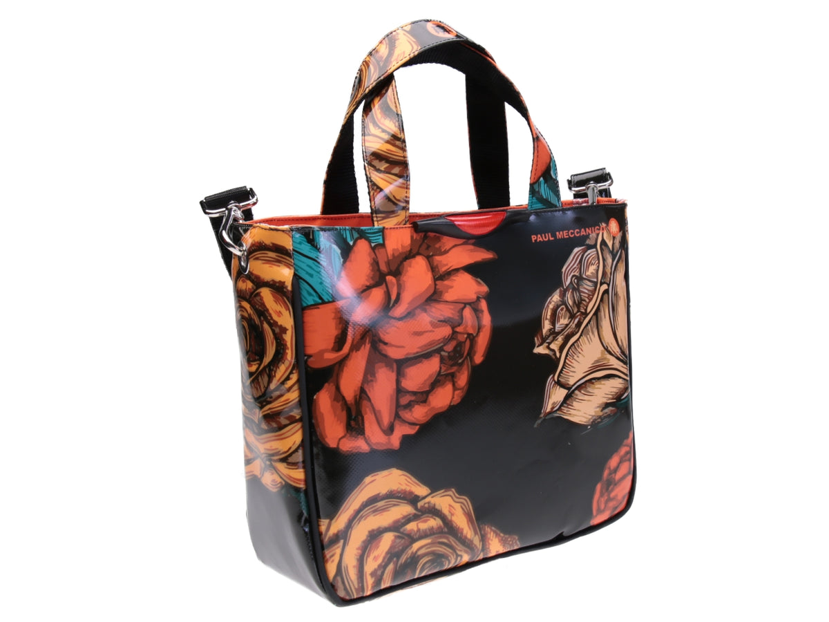 ZWART ORANJE TOTE BAG &quot;ROSE&quot;. MODEL GLAM GEMAAKT VAN VRACHTWAGENZEIL.