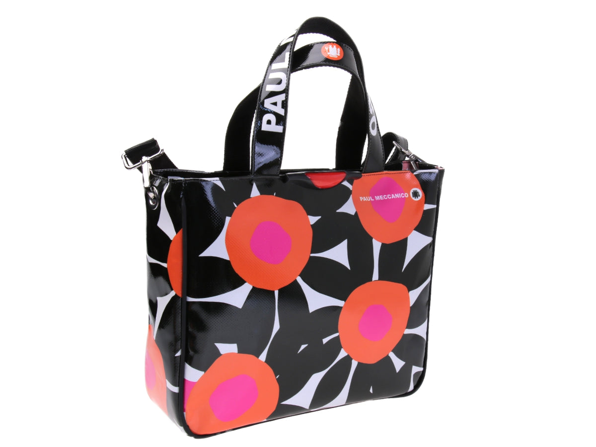BORSA DONNA BIANCA E NERA FANTASIA FLOREALE. MODELLO GLAM IN TELONE CAMION.