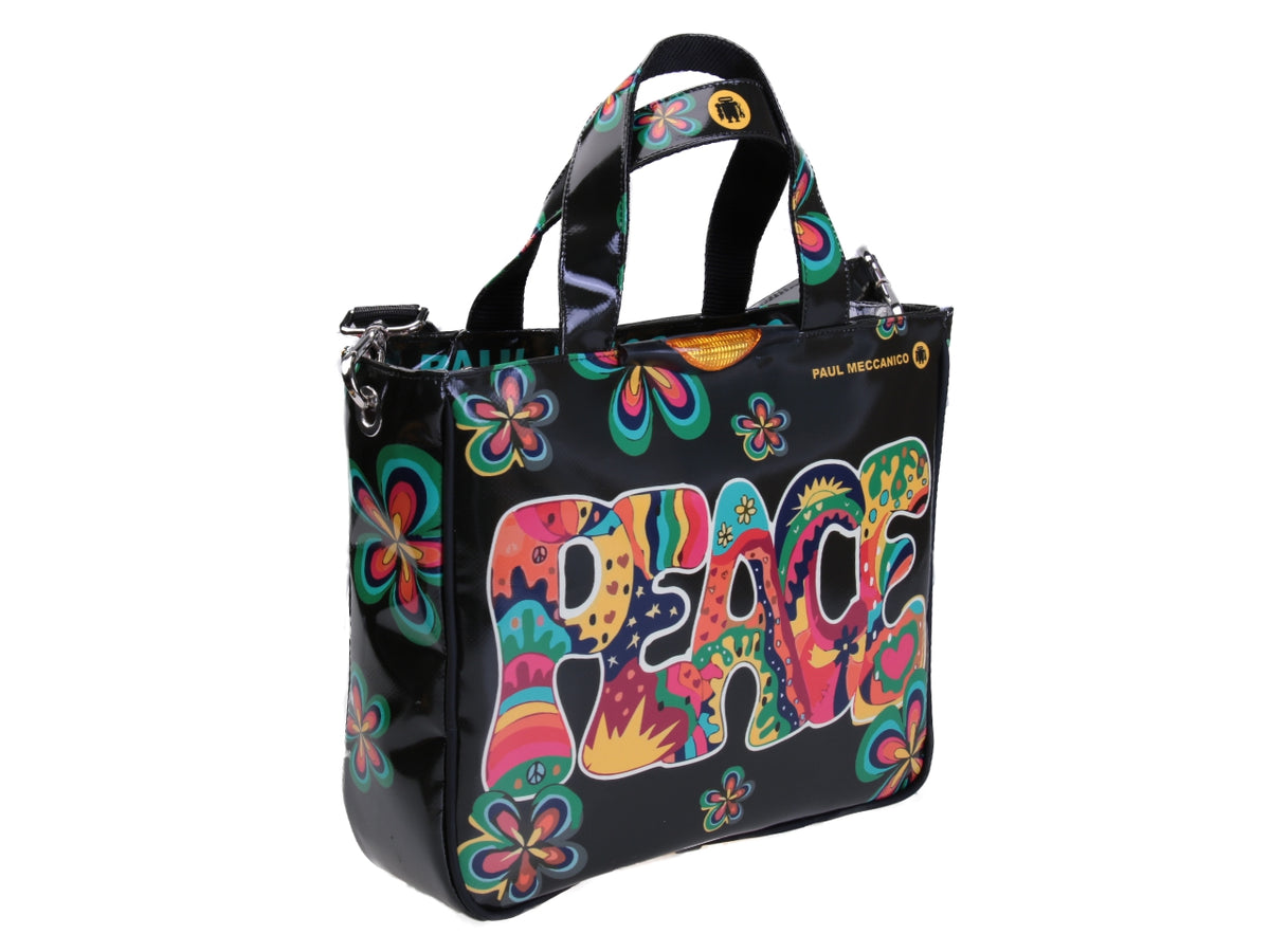 ZWARTE TOTE BAG MET BLOEMENFANTASIE &quot;PEACE&quot;. MODEL GLAM GEMAAKT VAN VRACHTWAGENZEIL.