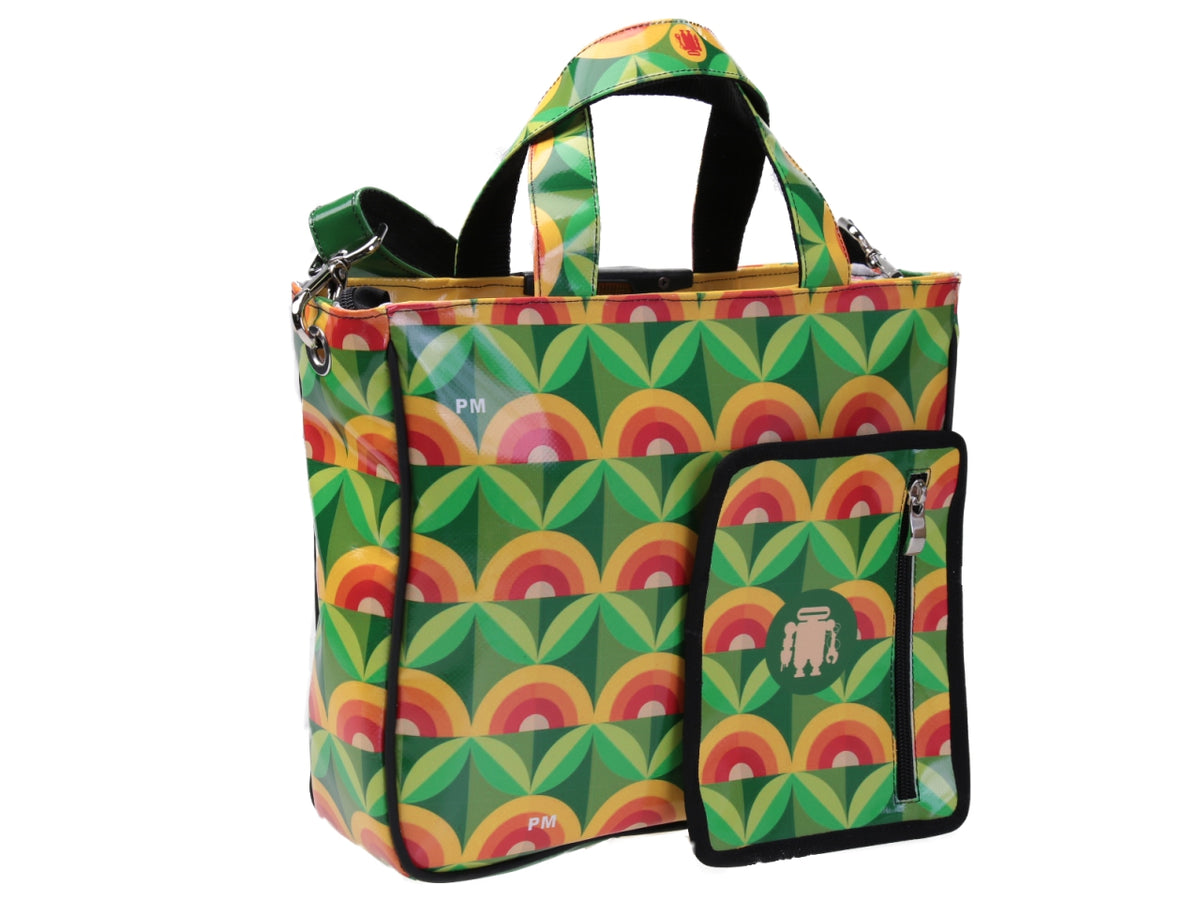 GROEN MET ORANJE TOTE BAG GEOMETRISCHE FANTASIE. MODEL GLAM GEMAAKT VAN VRACHTWAGENZEIL.