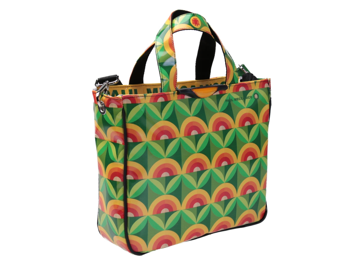 BORSA DONNA FANTASIA GEOMETRICA VERDE E ARANCIONE. MODELLO GLAM IN TELONE CAMION.