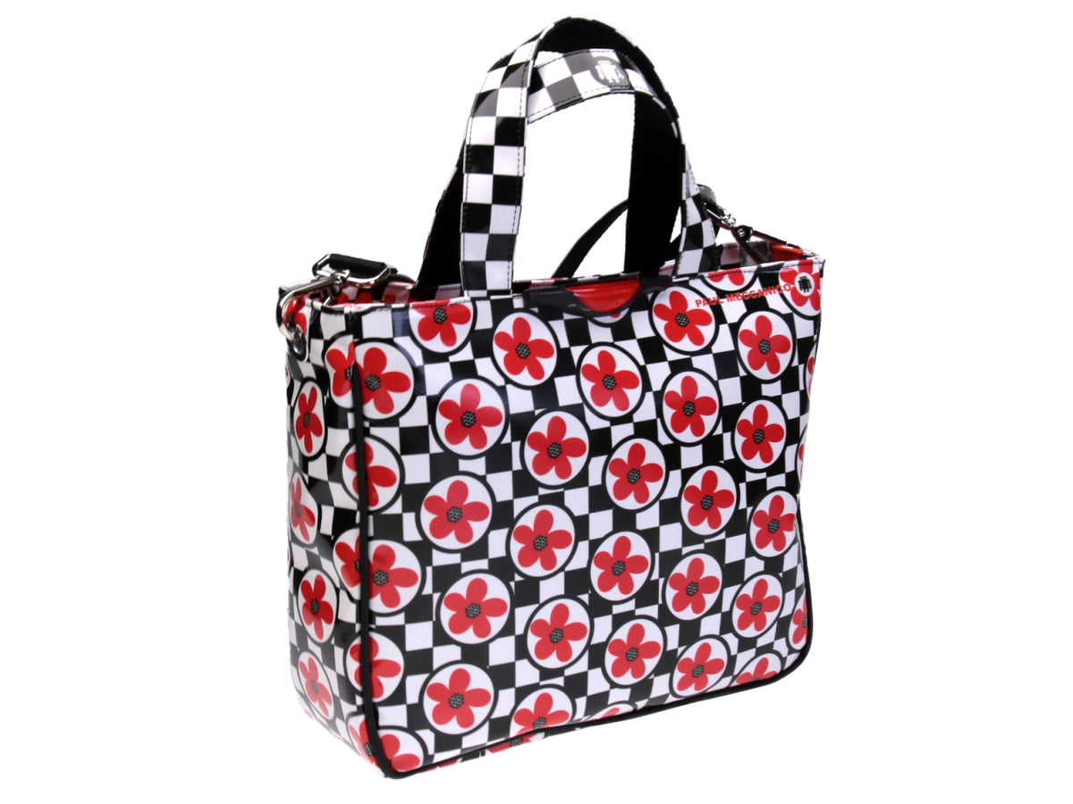 TOTE BAG ZWART, WIT EN ROOD MET BLOEMENFANTASIE. MODEL GLAM GEMAAKT VAN VRACHTWAGENZEIL.