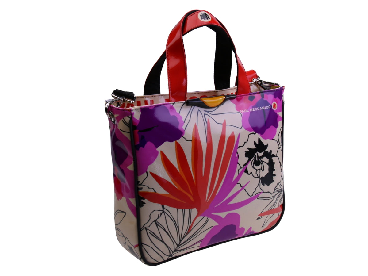 BEIGE TOTE BAG MET BLOEMEN FANTASIE. MODEL GLAM GEMAAKT VAN VRACHTWAGENZEIL.