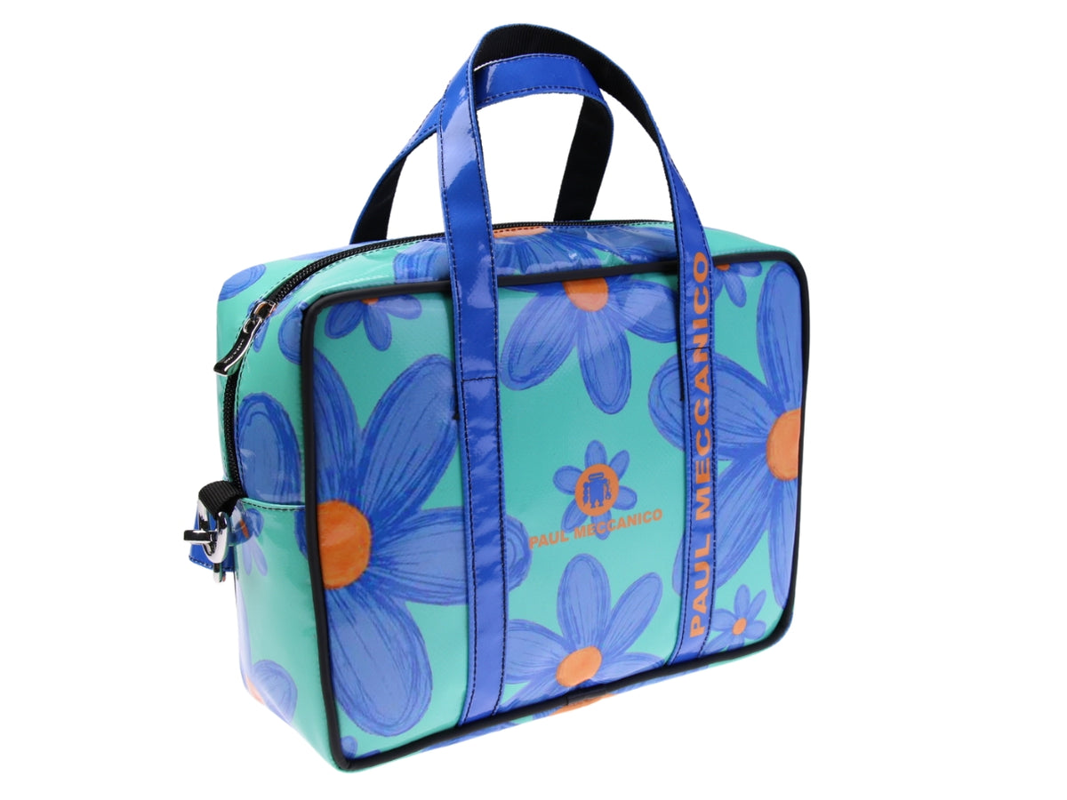 BORSA BAULETTO RETTANGOLARE DA DONNA VERDE ACQUA FANTASIA FLOREALE. MODELLO PINCA REALIZZATO IN TELONE CAMION.