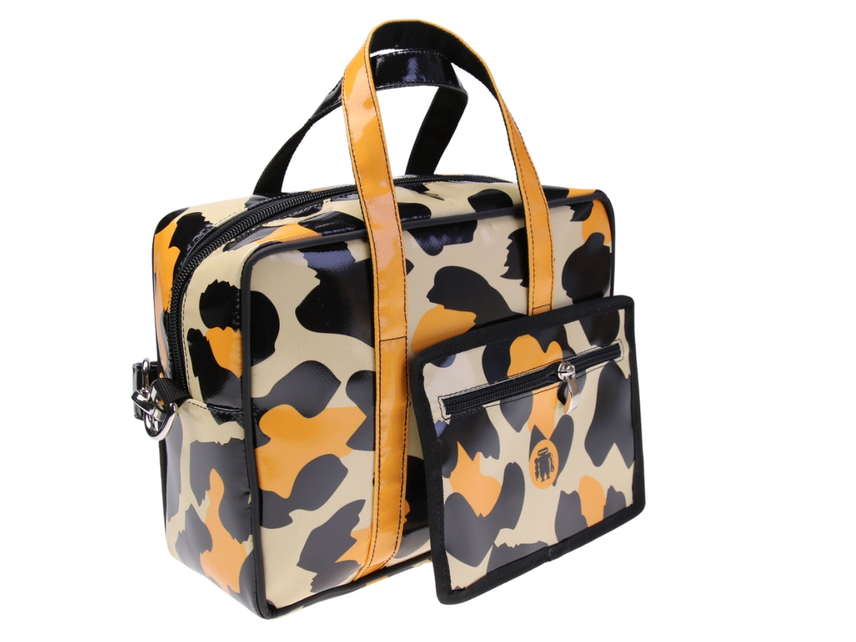 BORSA BAULETTO RETTANGOLARE DA DONNA BEIGE, NERO E GIALLO FANTASIA ANIMALIER. MODELLO PINCA REALIZZATO IN TELONE CAMION.