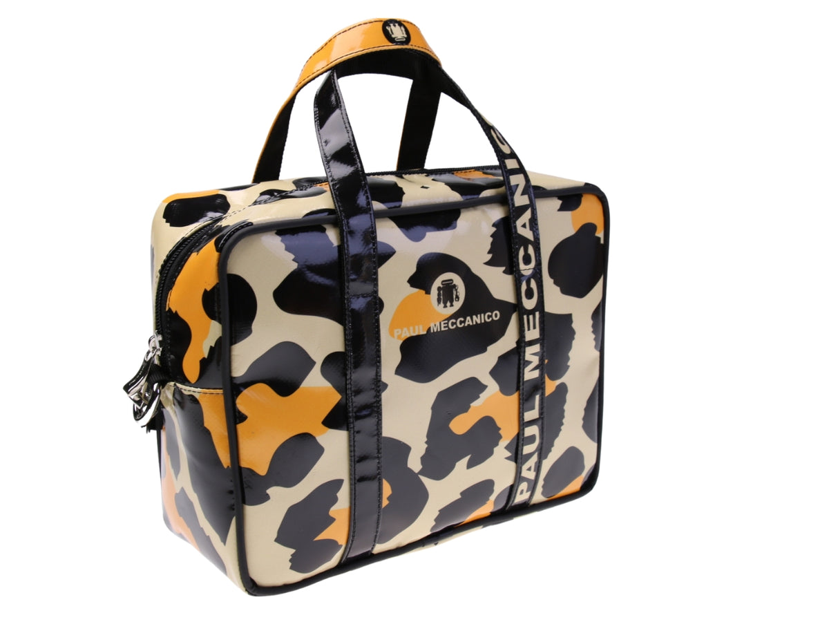 BORSA BAULETTO RETTANGOLARE DA DONNA BEIGE, NERO E GIALLO FANTASIA ANIMALIER. MODELLO PINCA REALIZZATO IN TELONE CAMION.