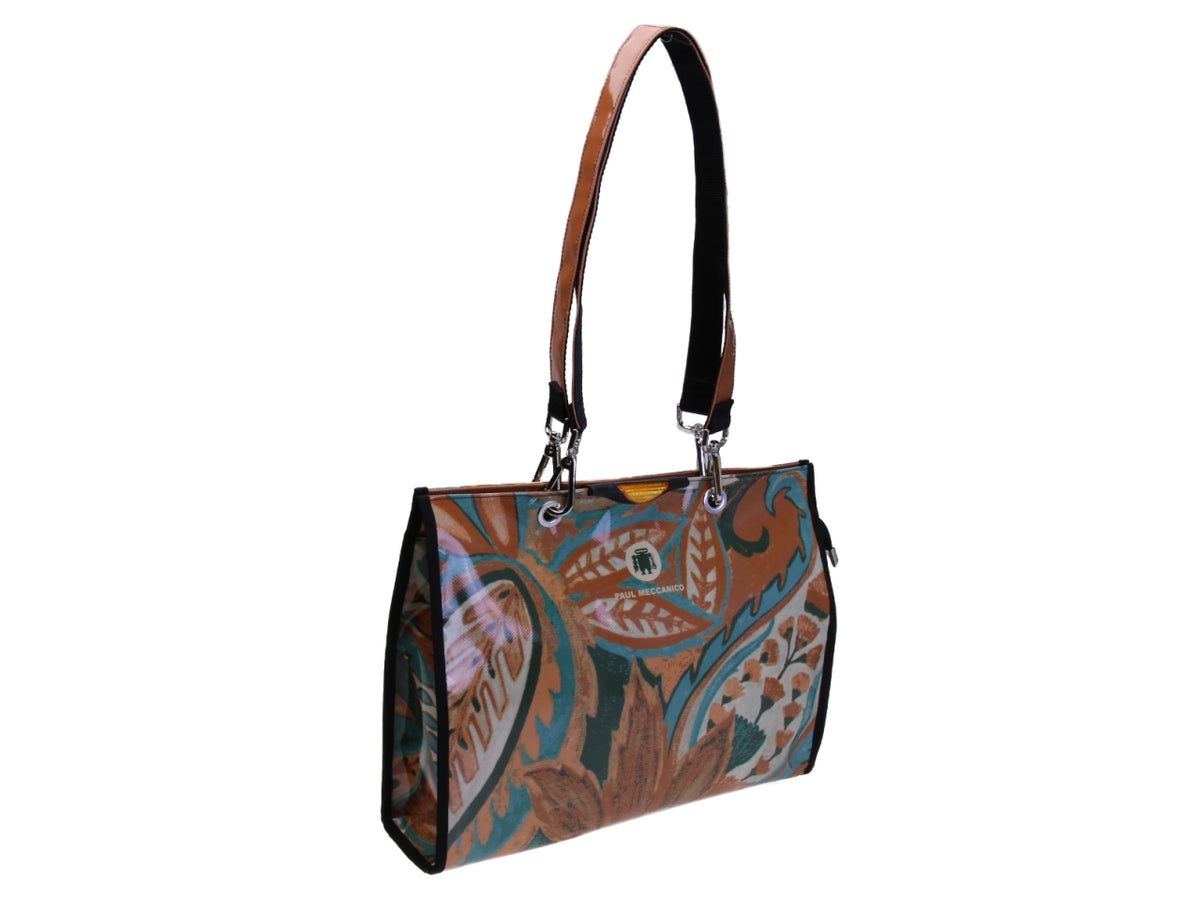 SHOPPER BAG CELESTE, BEIGE E MARRONE FANTASIA FLOREALE. MODELLO PEPE IN TELONE CAMION.