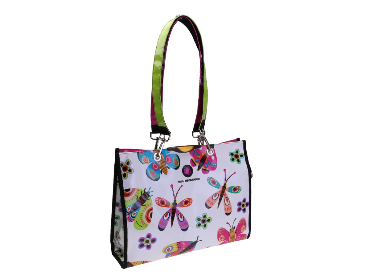 SHOPPER BAG BIANCA &quot;FIORI E FARFALLE&quot;. MODELLO PEPE IN TELONE CAMION.