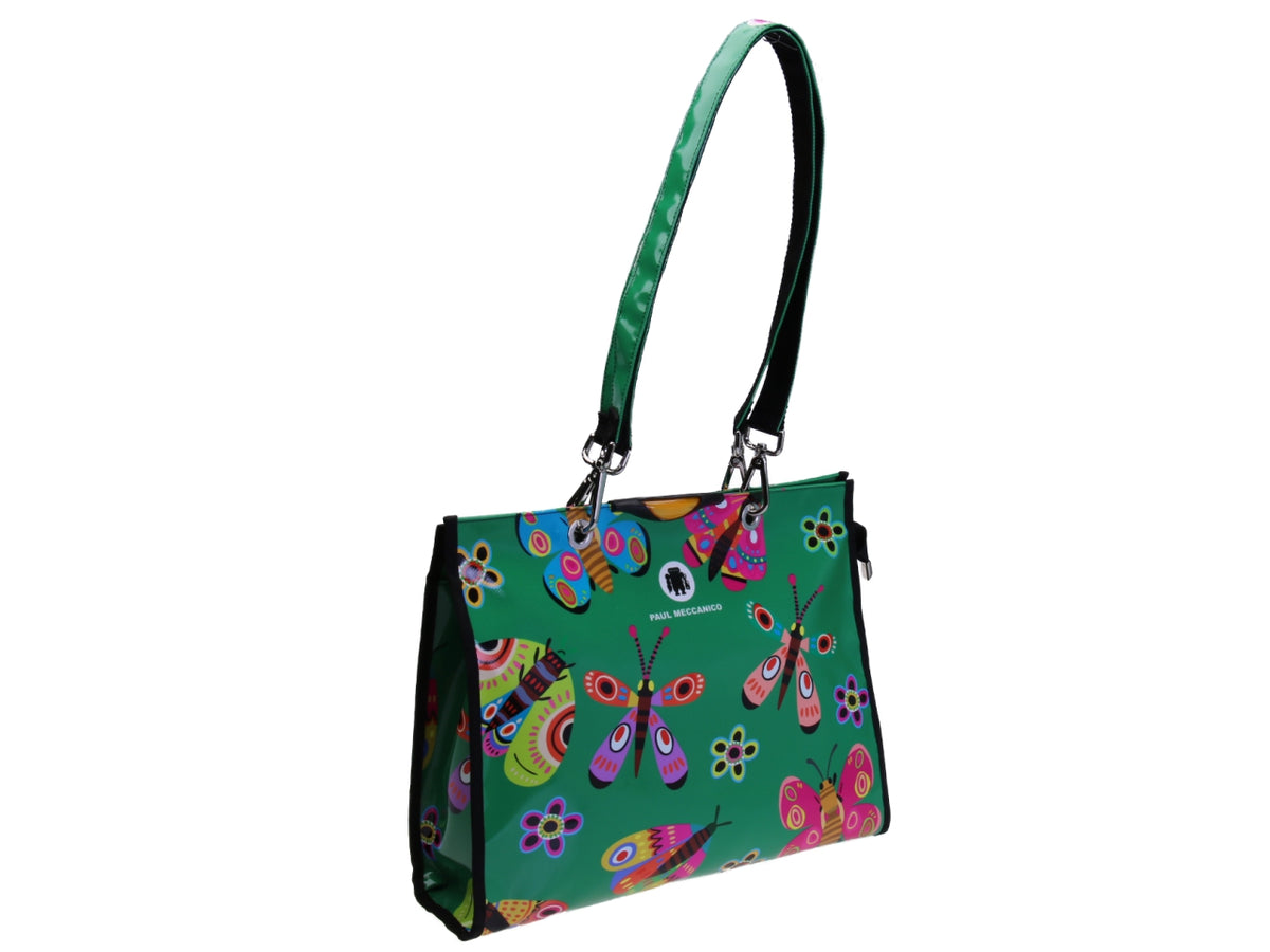 GROENE SHOPPER &quot;FLOWERS AND BUTTERFLIES&quot;. MODEL PEPE GEMAAKT VAN VRACHTWAGENZEIL.