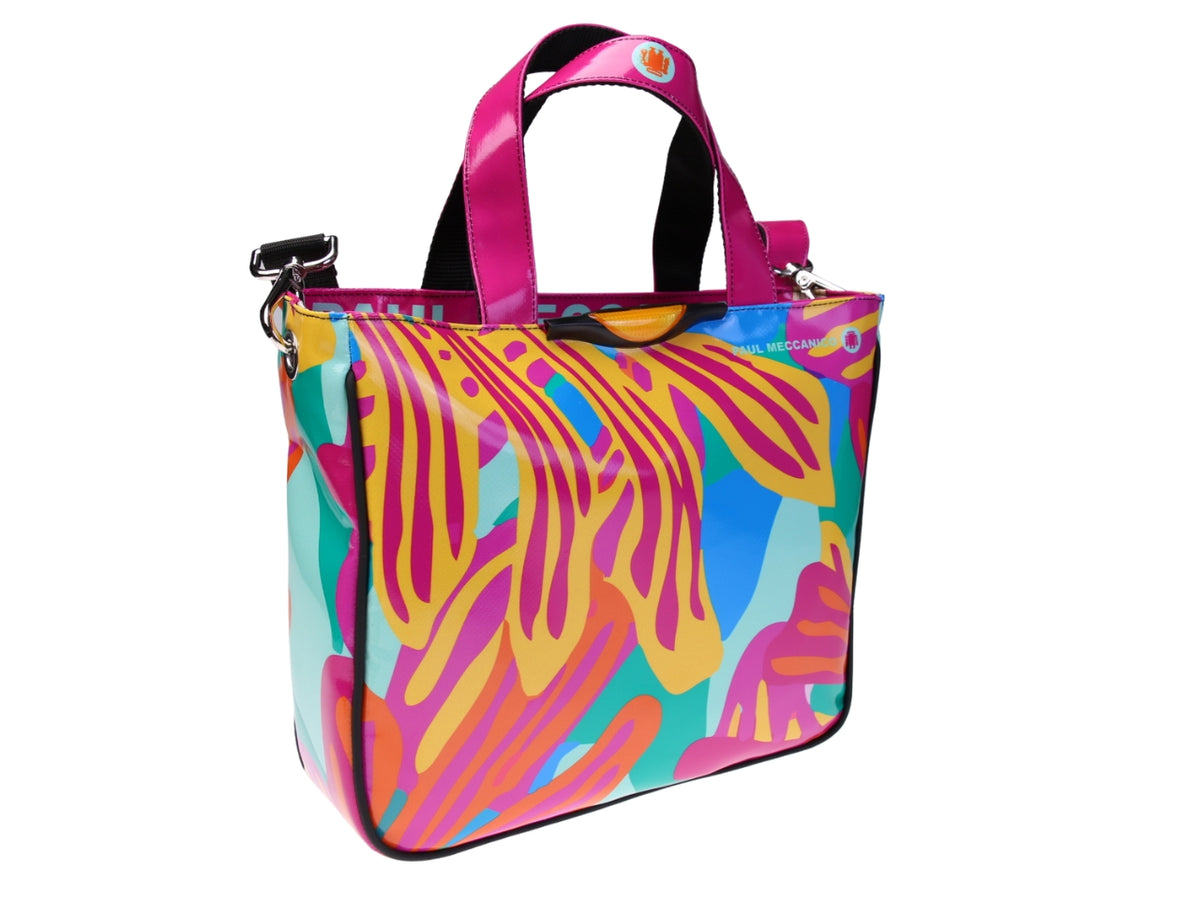 MEERKLEURIGE TOTE BAG MET ANIMALIER FANTASIE. MODEL GLAM GEMAAKT VAN VRACHTWAGENZEIL.