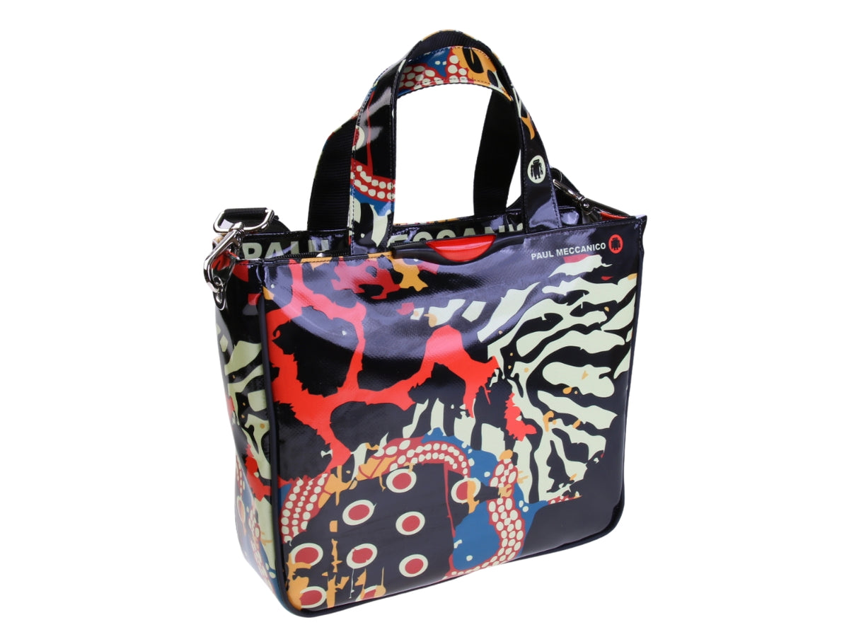 MEERKLEURIGE TOTE BAG MET ANIMALIER FANTASIE. MODEL GLAM GEMAAKT VAN VRACHTWAGENZEIL.