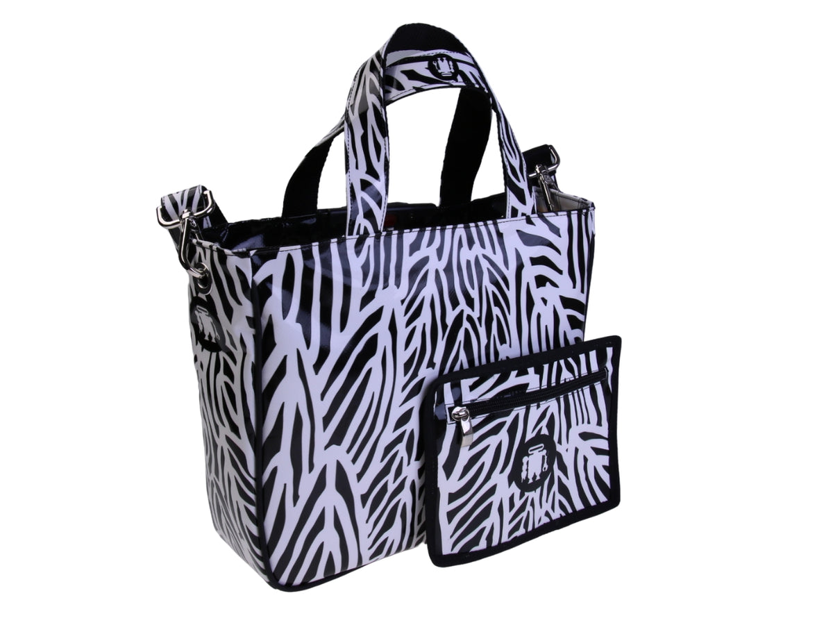 BORSA DONNA BIANCA E NERA FANTASIA ANIMALIER. MODELLO GLAM IN TELONE CAMION.