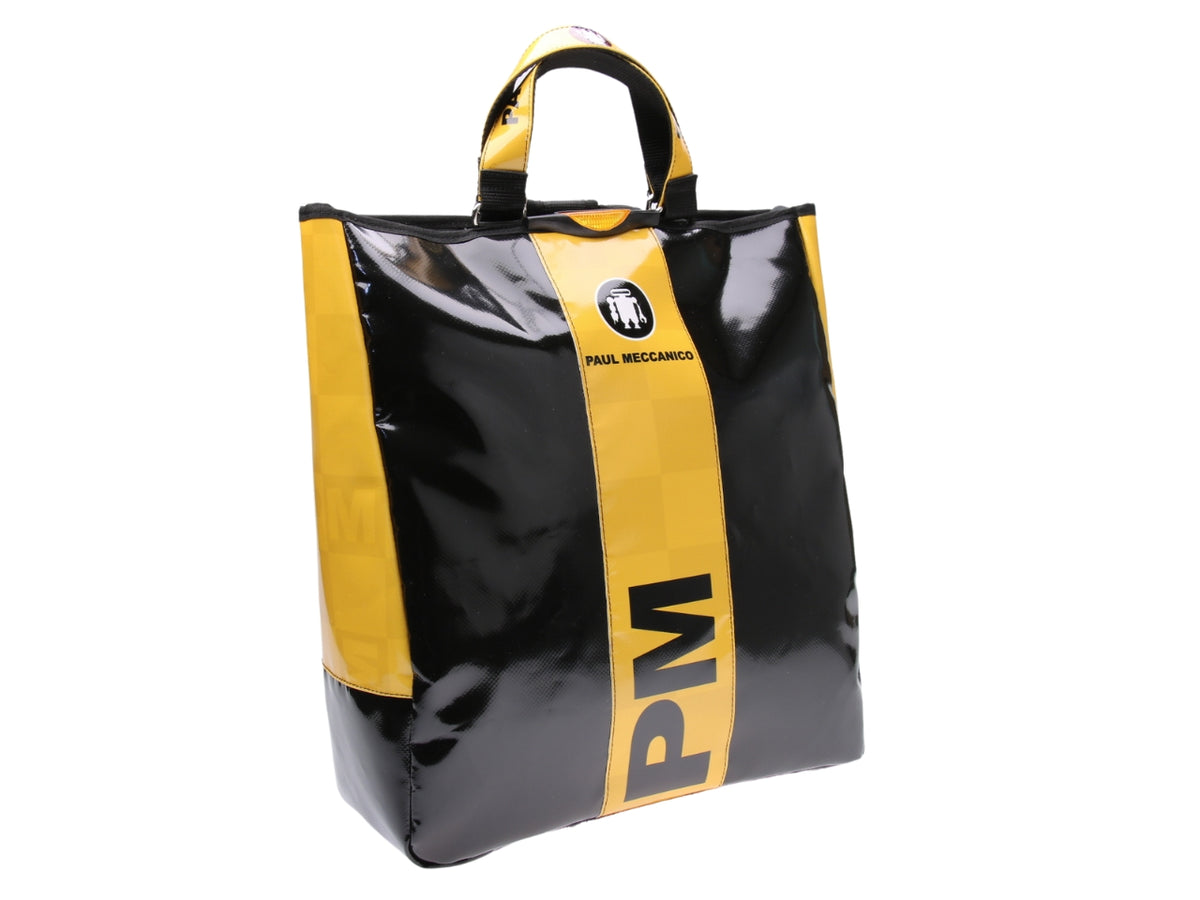 BORSA 2 IN 1 - VENTIQUATTRORE E ZAINO NERO E GIALLO. MODELLO HYBRID IN TELONE CAMION.