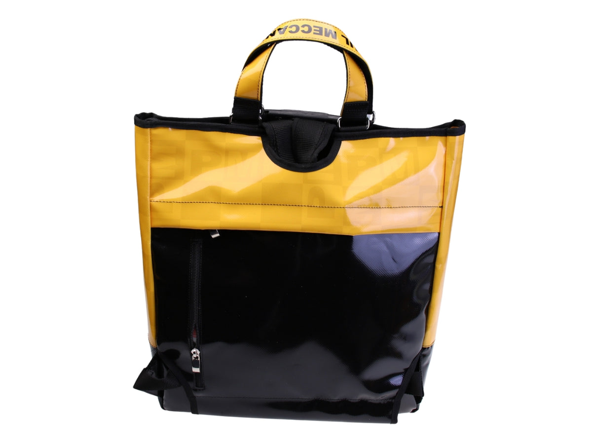 BORSA 2 IN 1 - VENTIQUATTRORE E ZAINO NERO E GIALLO. MODELLO HYBRID IN TELONE CAMION.