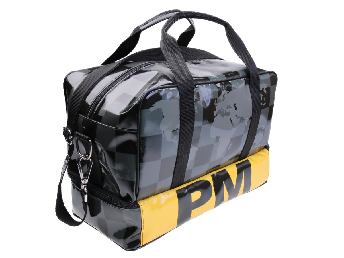 HAND LUGGAGE BAG BLACK GREY YELLOW 40 X 20 X 25 CM. MODEL FLYME MADE OF LORRY TARPAULIN. - Paul Meccanico