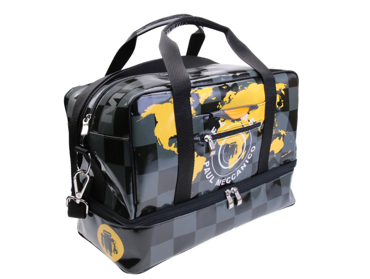 HAND LUGGAGE BAG BLACK GREY YELLOW 40 X 20 X 25 CM. MODEL FLYME MADE OF LORRY TARPAULIN. - Paul Meccanico