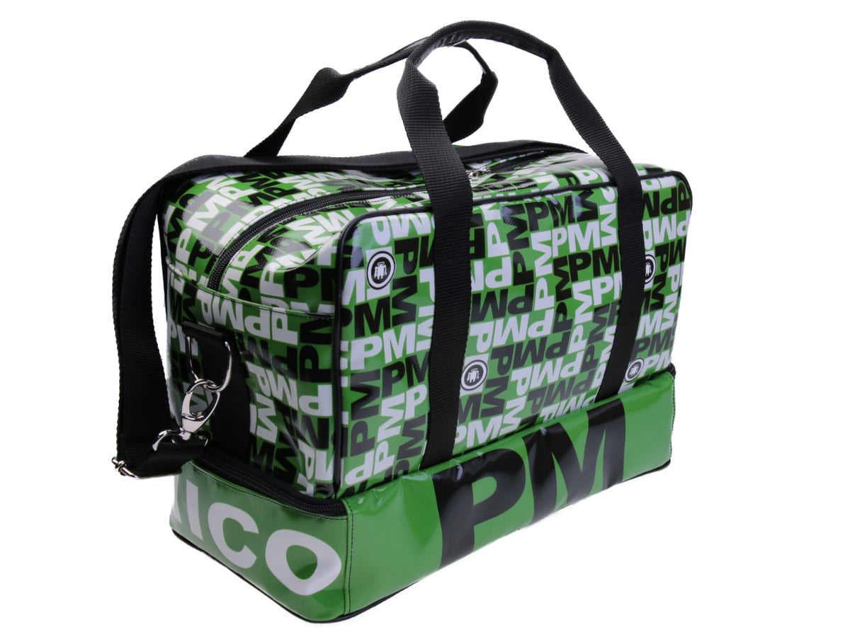 GREEN HAND LUGGAGE BAG WITH LETTERING FANTASY 40 X 20 X 25 CM. MODEL FLYME MADE OF LORRY TARPAULIN. - Paul Meccanico