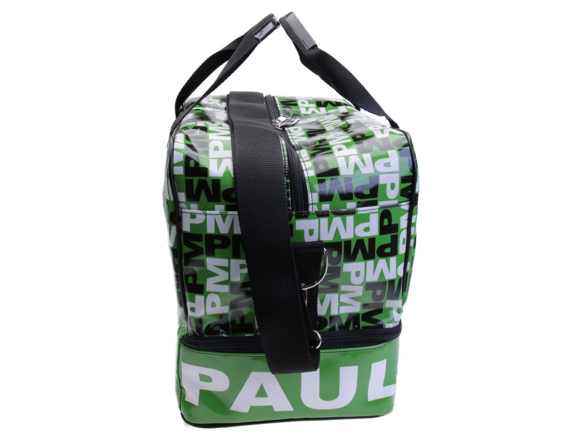 GREEN HAND LUGGAGE BAG WITH LETTERING FANTASY 40 X 20 X 25 CM. MODEL FLYME MADE OF LORRY TARPAULIN. - Paul Meccanico