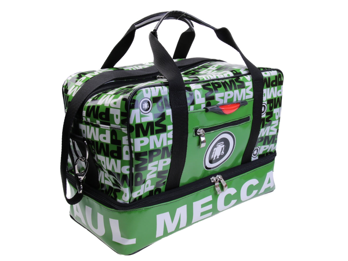 GREEN HAND LUGGAGE BAG WITH LETTERING FANTASY 40 X 20 X 25 CM. MODEL FLYME MADE OF LORRY TARPAULIN. - Paul Meccanico