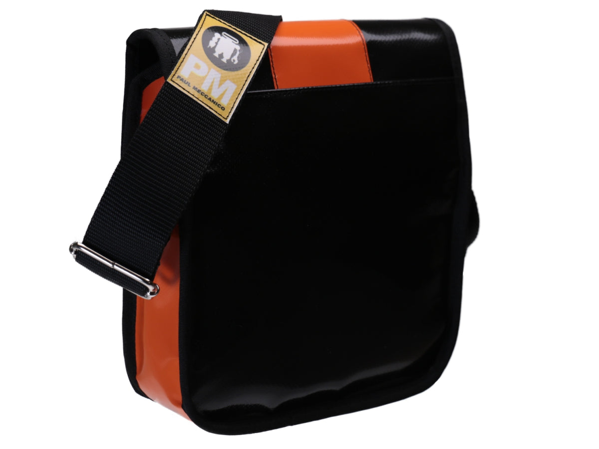 CROSSBODY BAG BLACK ORANGE WITH METALLIC LOGO. MODEL MIPOK MADE OF LORRY TARPAULIN. - Unique Pieces Paul Meccanico