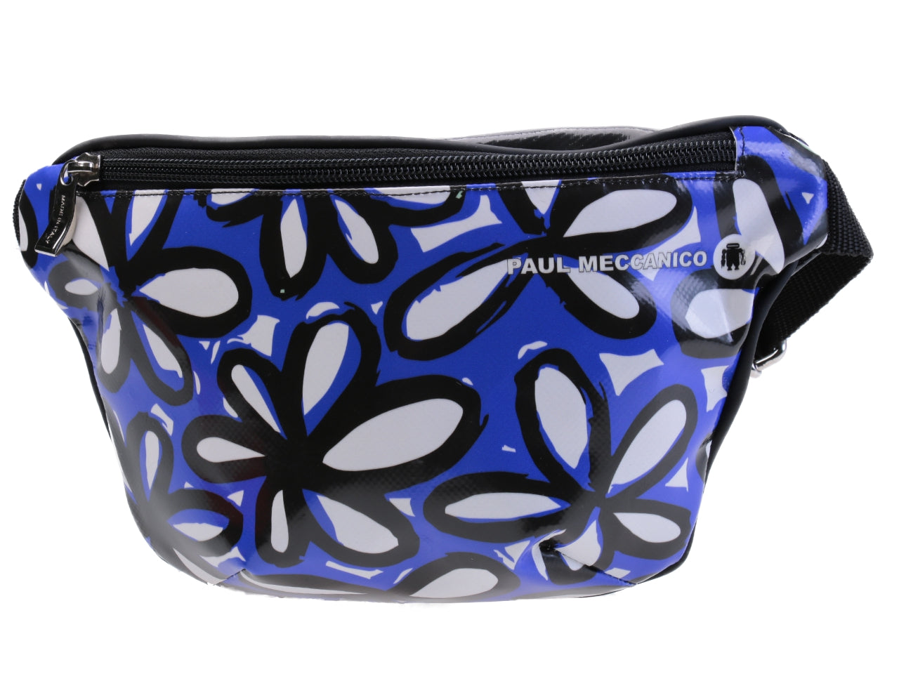 WAIST BAG WHITE, ROYAL AND BLACK WITH FLORAL FANTASY. MODEL FLEX MADE OF LORRY TARPAULIN. - Limited Edition Paul Meccanico