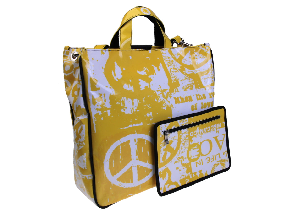 YELLOW AND WHITE MAXI TOTE BAG WITH MURALES FANTASY. MODEL AIRSTONE MADE OF LORRY TARPAULIN. - Unique Pieces Paul Meccanico