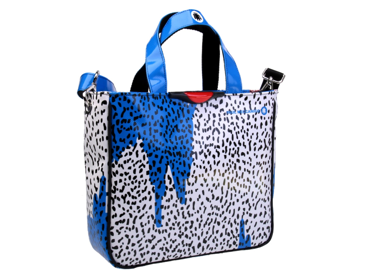 LIGHT BLUE AND WHITE TOTE BAG WHIT ANIMALIER FANTASY. MODEL GLAM MADE OF LORRY TARPAULIN. - Unique Pieces Paul Meccanico