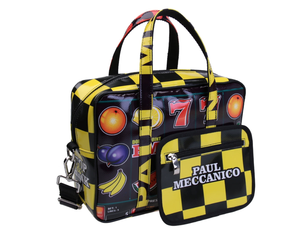 BLACK AND YELLOW RECTANGULAR WOMEN&#39;S BAG &quot;SLOT MACHINE&quot;. MODEL PINCA MADE OF LORRY TARPAULIN. - Unique Pieces Paul Meccanico