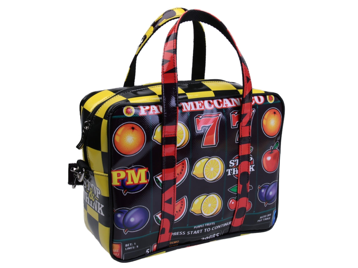 BLACK AND YELLOW RECTANGULAR WOMEN&#39;S BAG &quot;SLOT MACHINE&quot;. MODEL PINCA MADE OF LORRY TARPAULIN. - Unique Pieces Paul Meccanico