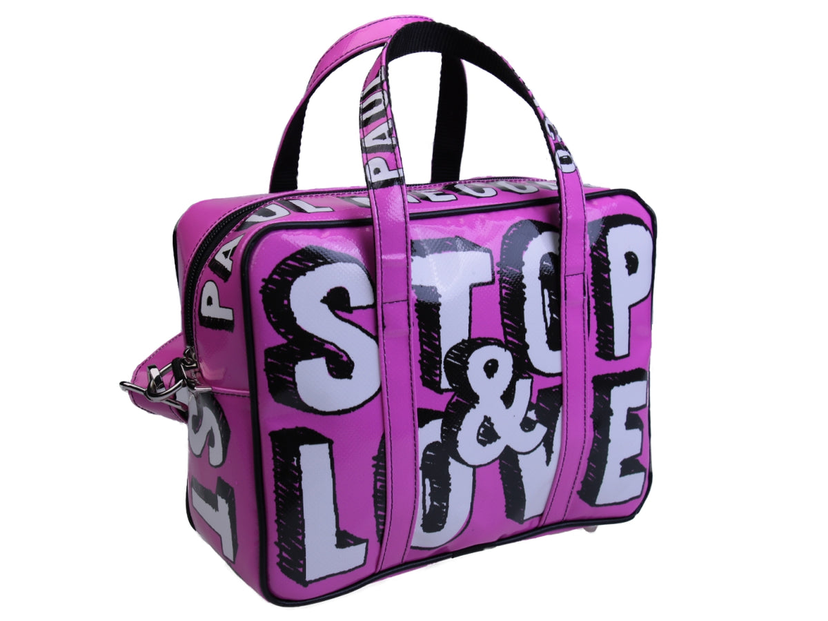 FUCHSIA RECTANGULAR WOMEN&#39;S BAG &quot;STOP AND LOVE&quot;. MODEL PINCA MADE OF LORRY TARPAULIN. - Unique Pieces Paul Meccanico