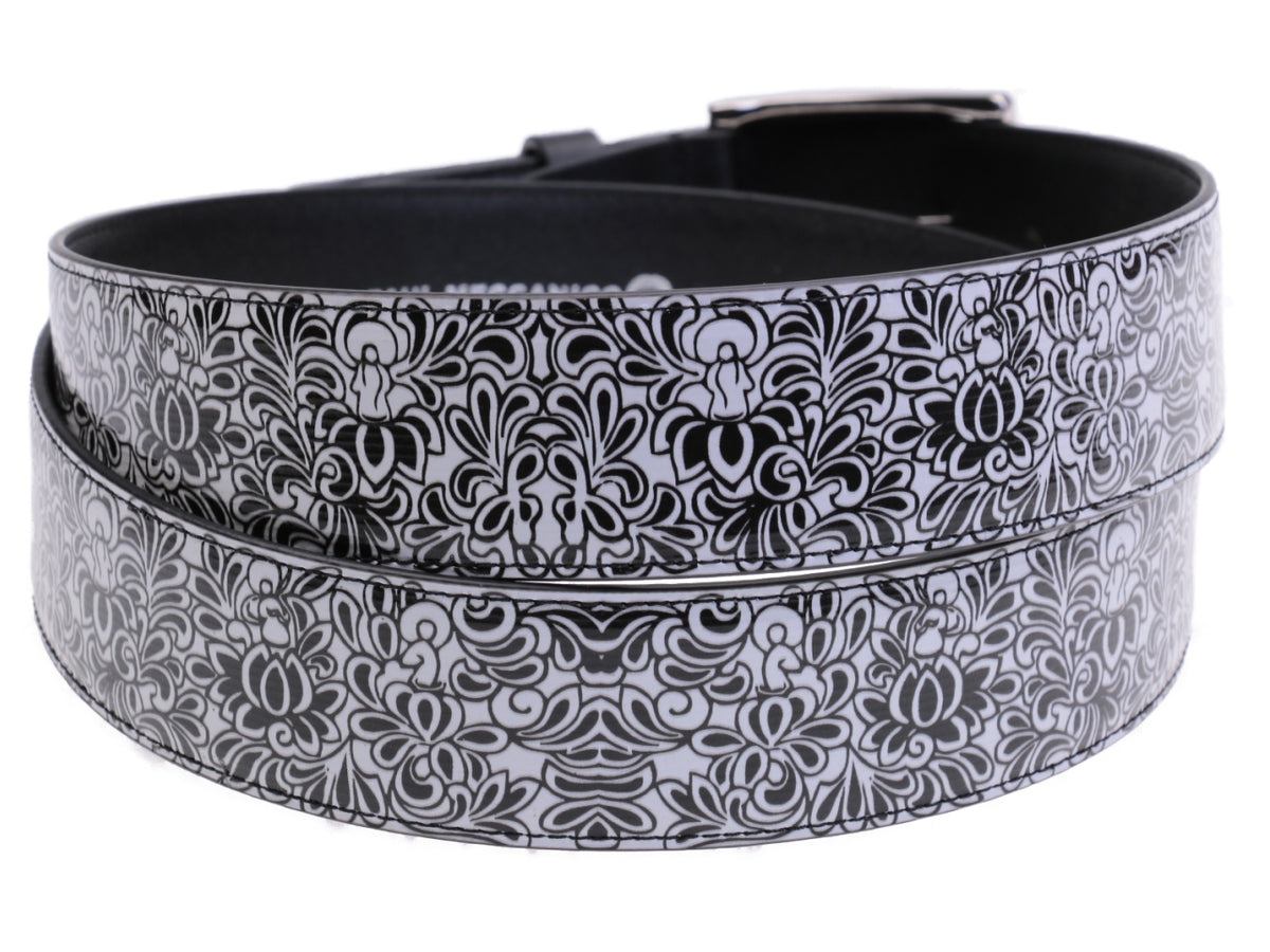 BLACK AND WHITE MEN&#39;S BELT WITH FLORAL FANTASY MADE OF LORRY TARPAULIN. - Unique Pieces Paul Meccanico