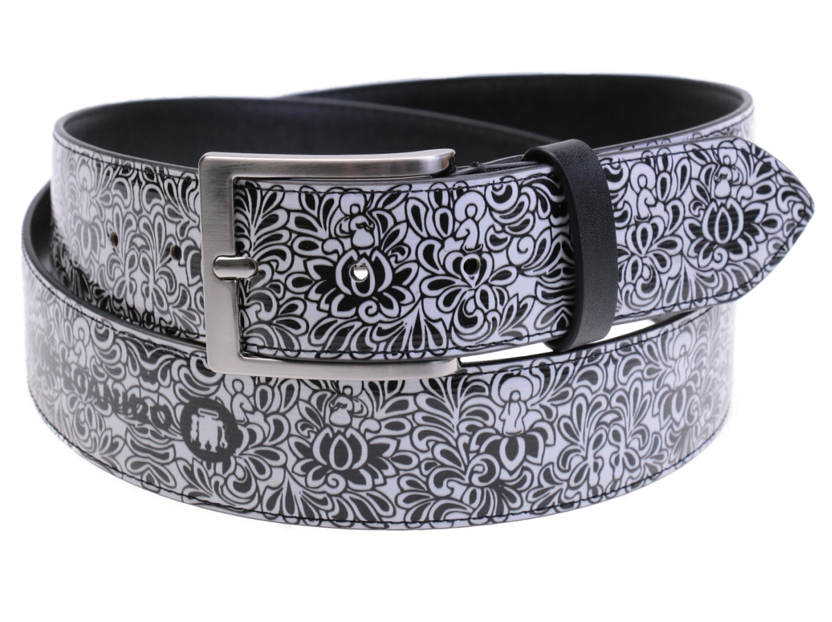 BLACK AND WHITE MEN&#39;S BELT WITH FLORAL FANTASY MADE OF LORRY TARPAULIN. - Unique Pieces Paul Meccanico
