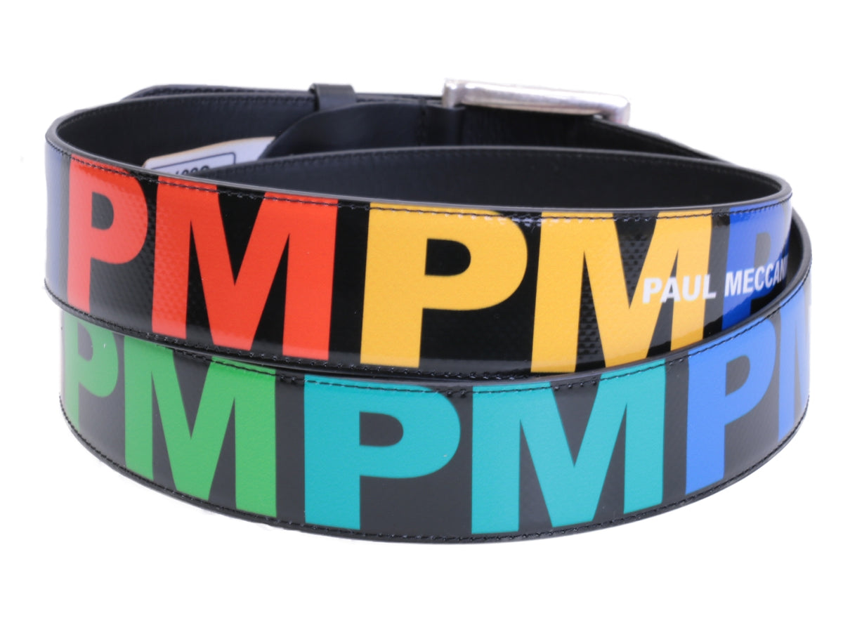 BLACK MEN&#39;S BELT WITH COLOURFUL PM LETTERS MADE OF LORRY TARPAULIN. - Unique Pieces Paul Meccanico