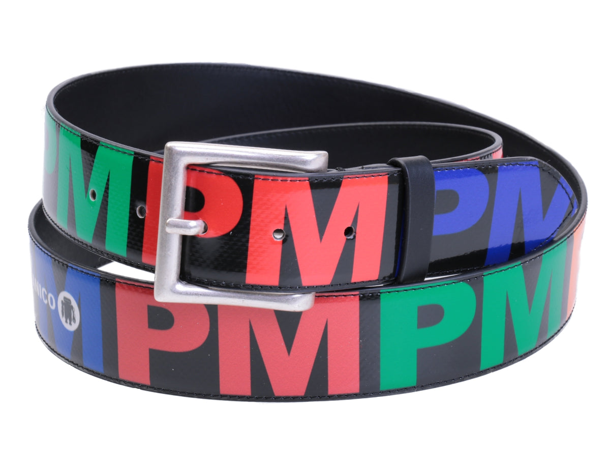 BLACK MEN&#39;S BELT WITH COLOURFUL PM LETTERS MADE OF LORRY TARPAULIN. - Unique Pieces Paul Meccanico