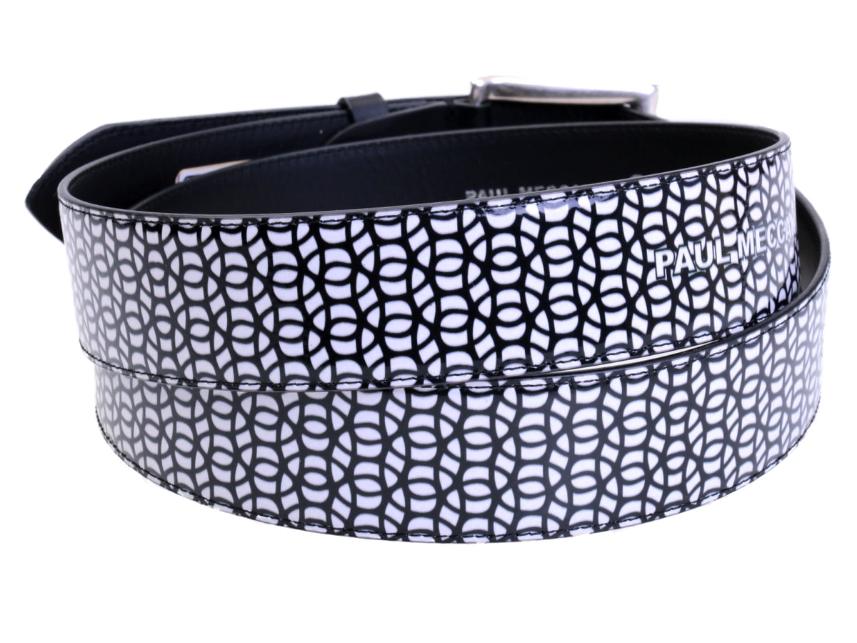 ...BLACK AND WHITE MEN&#39;S BELT WITH GEOMETRIC FANTASY MADE OF LORRY TARPAULIN. - Unique Pieces Paul Meccanico