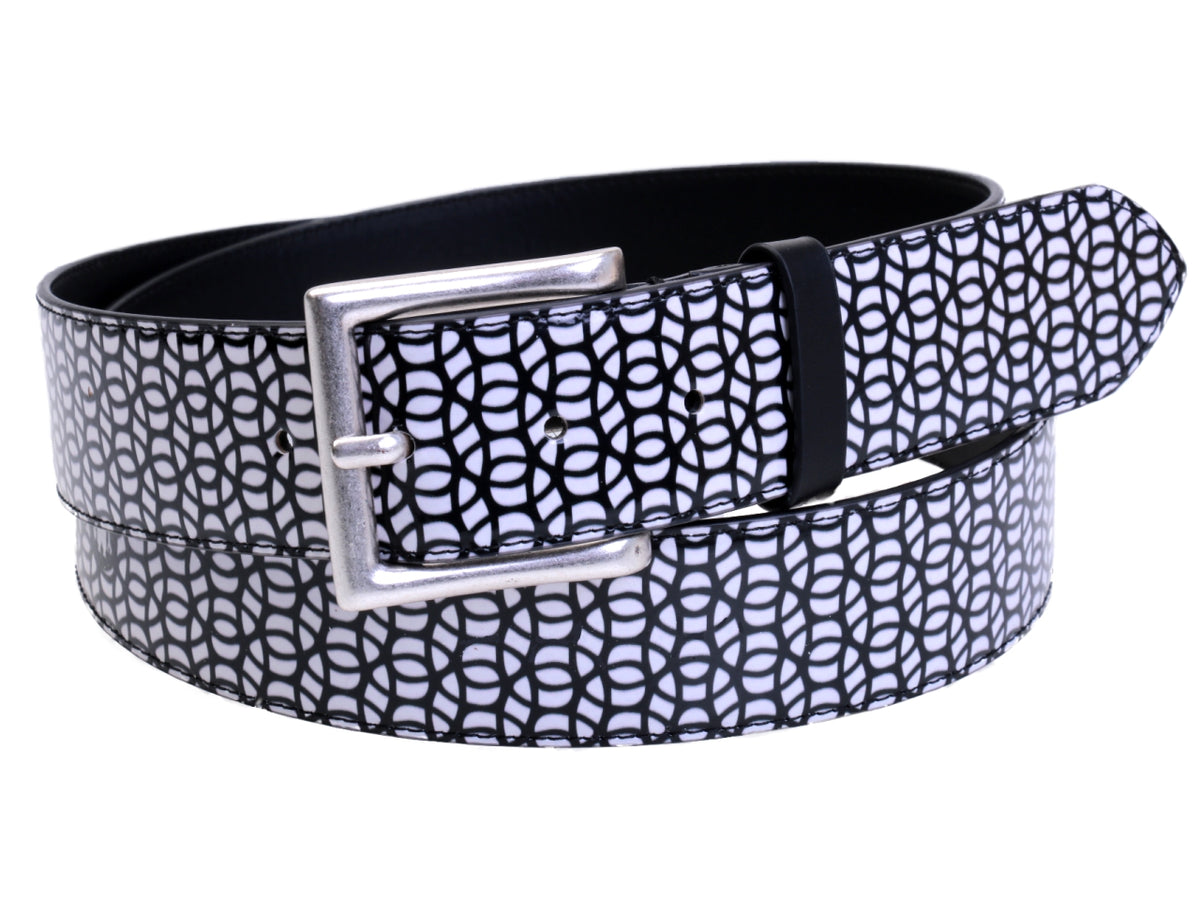 ...BLACK AND WHITE MEN&#39;S BELT WITH GEOMETRIC FANTASY MADE OF LORRY TARPAULIN. - Unique Pieces Paul Meccanico