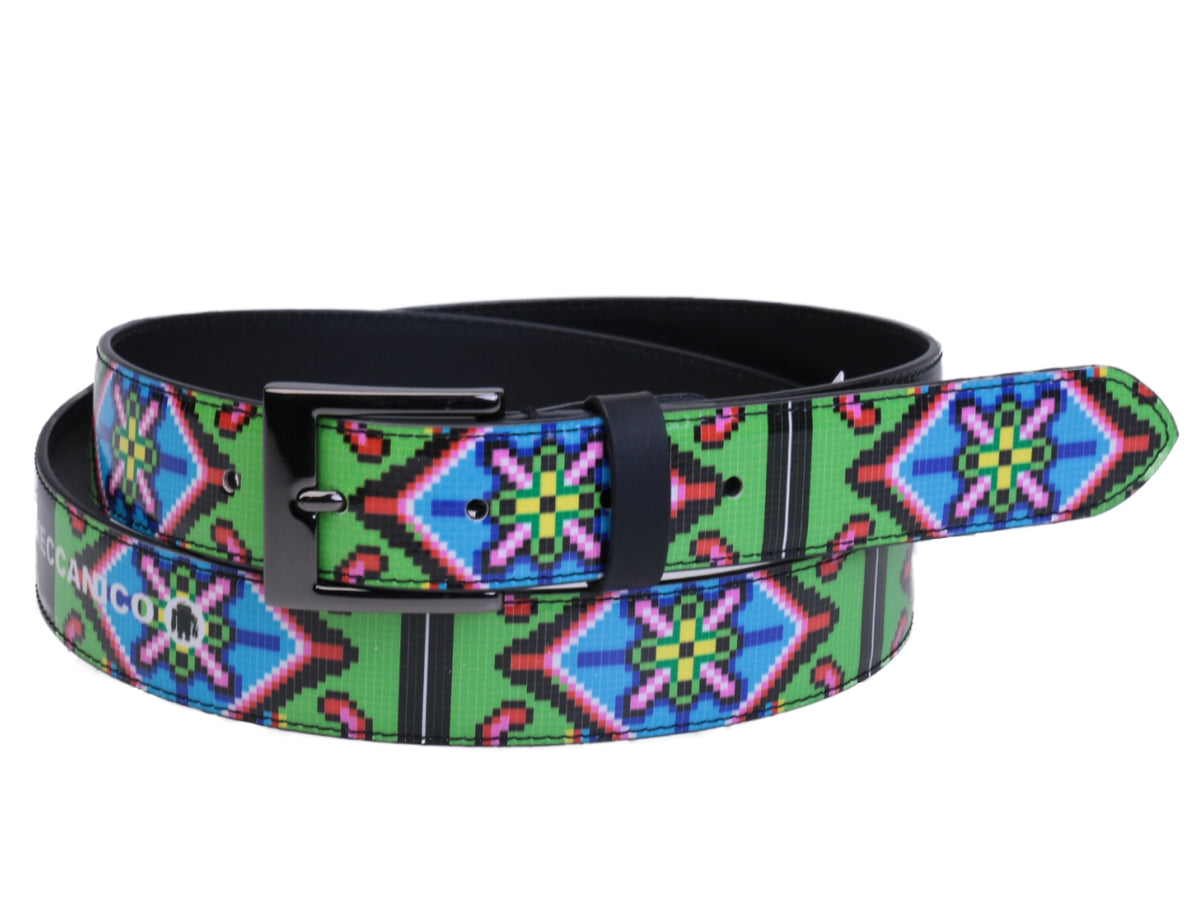 BLACK AND GREEN WOMEN&#39;S BELT WITH PIXEL FANTASY MADE OF LORRY TARPAULIN. - Unique Pieces Paul Meccanico