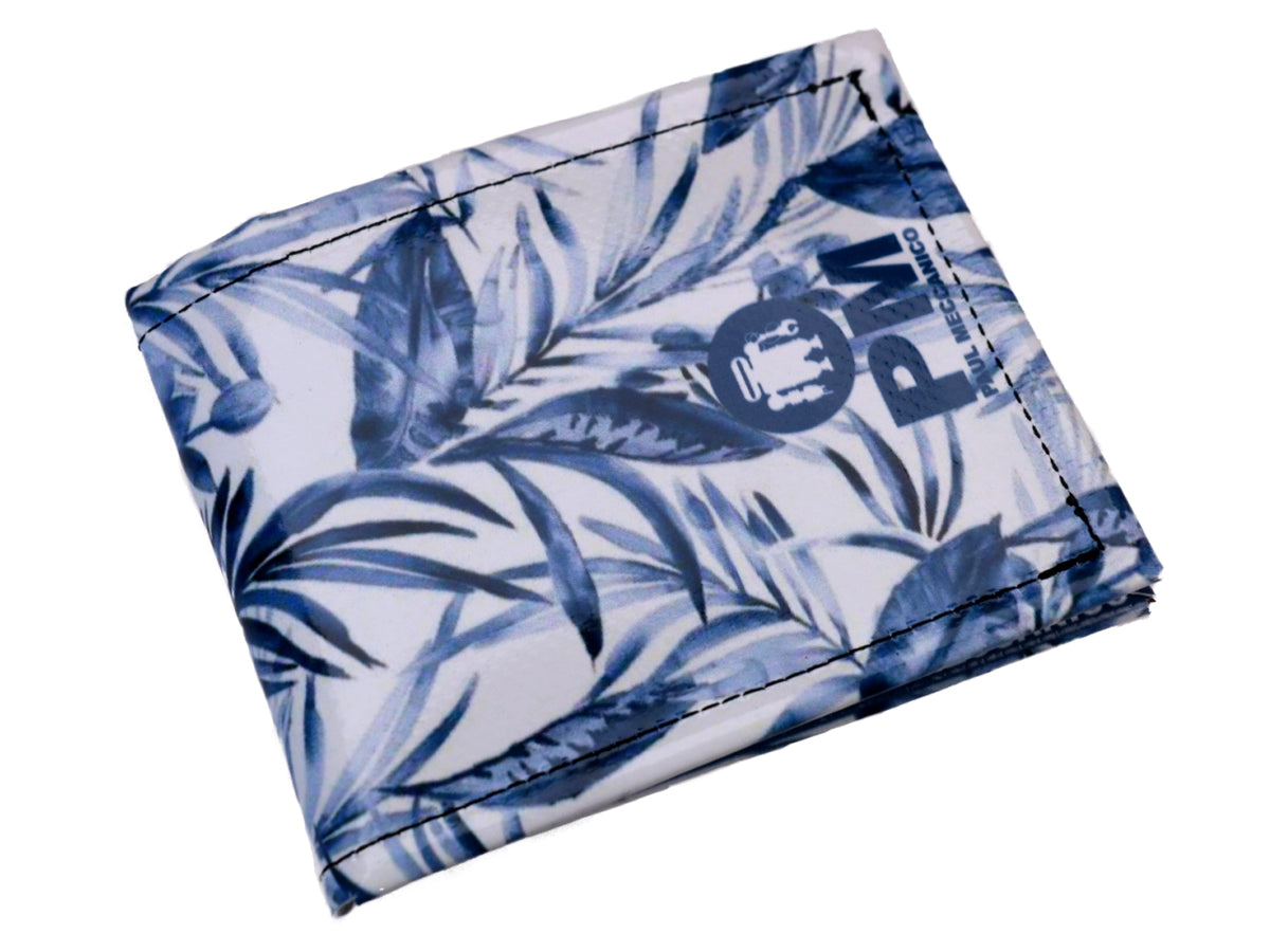 MEN&#39;S WALLET BLUE AND WHITE WITH FLORAL FANTASY. MODEL CRIK MADE OF LORRY TARPAULIN. - Limited Edition Paul Meccanico