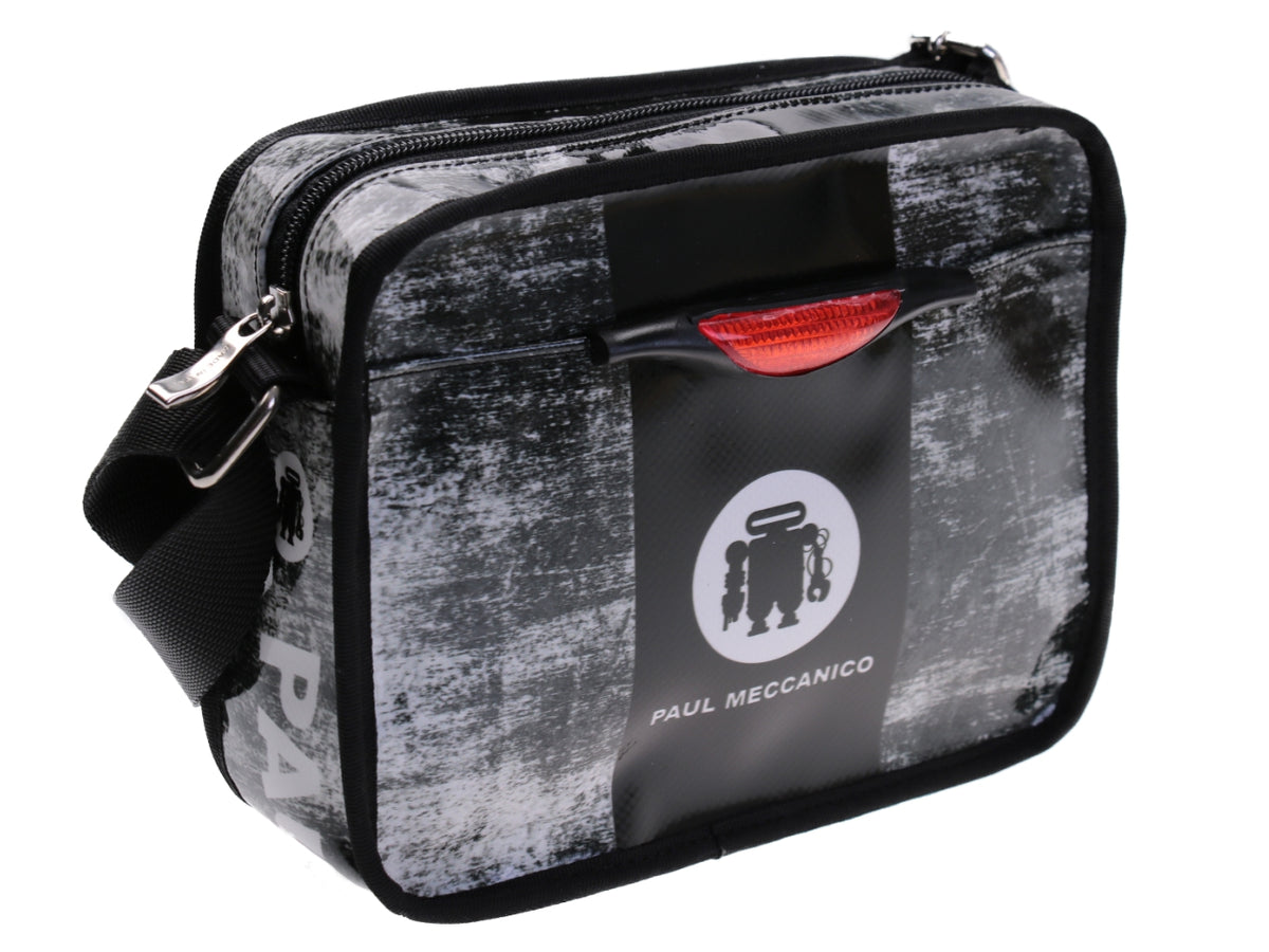 SMALL CROSSBODY BAG BLACK AND WHITE WITH GRAFFITI STYLE. MODEL FRIK MADE OF LORRY TARPAULIN. - Limited Edition Paul Meccanico