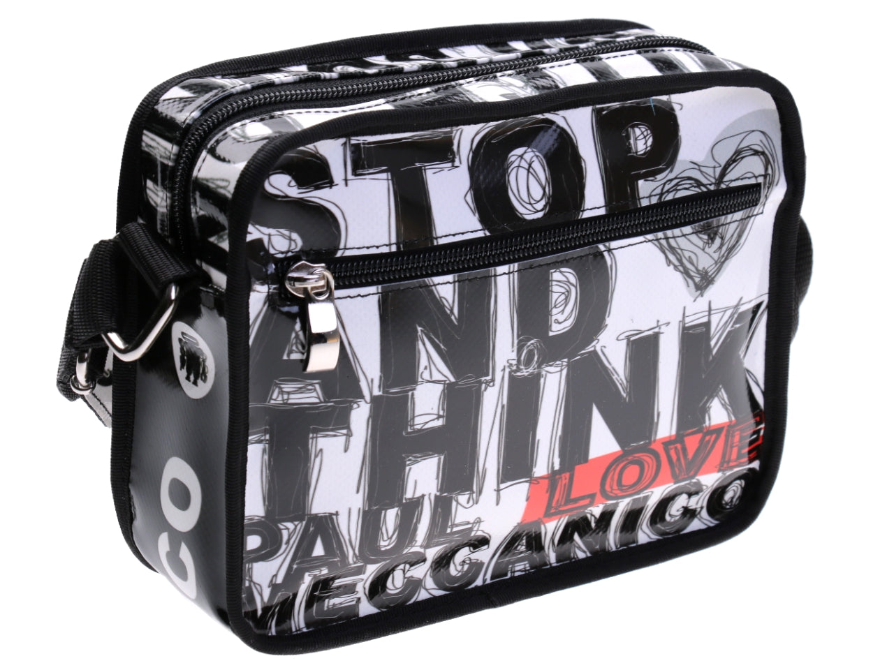 SMALL CROSSBODY BAG BLACK AND WHITE "STOP AND THINK". MODEL FRIK MADE OF LORRY TARPAULIN. - Limited Edition Paul Meccanico