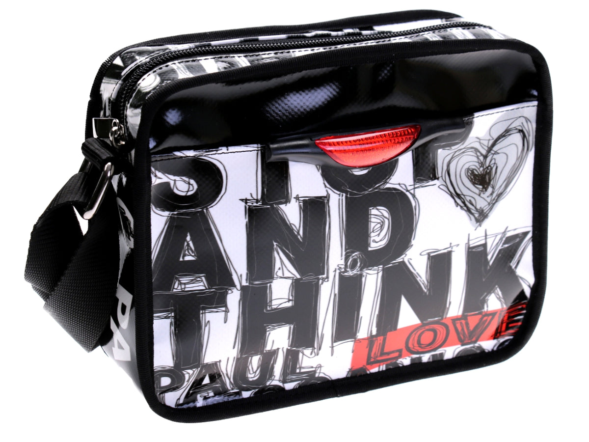SMALL CROSSBODY BAG BLACK AND WHITE &quot;STOP AND THINK&quot;. MODEL FRIK MADE OF LORRY TARPAULIN. - Limited Edition Paul Meccanico