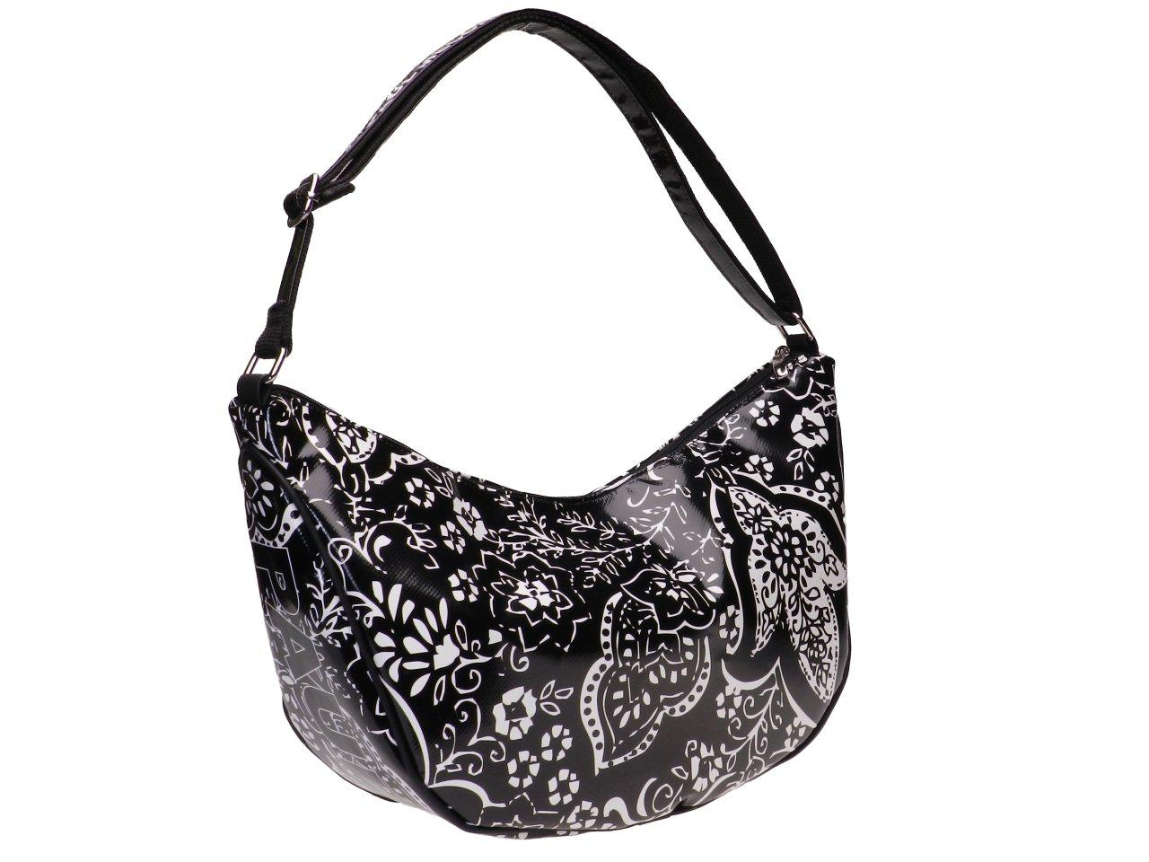HALF-MOON BAG BLACK AND WHITE FLORAL FANTASY. SPLIT MODEL MADE OF LORRY TARPAULIN. - Limited Edition Paul Meccanico
