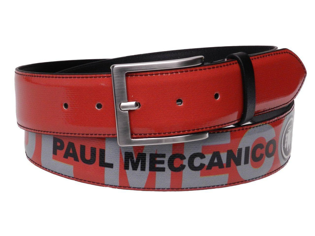 MAN&#39;S BELT RED AND SILVER COLOURS LETTERING FANTASY MADE OF LORRY TARPAULIN. - Unique Pieces Paul Meccanico