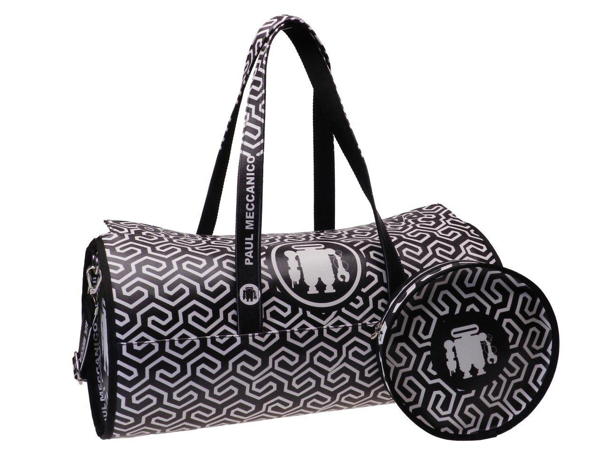 SPORTY BOSTON BAG BLACK AND WHITE WITH LABYRINTH FANTASY. MODEL ROLLING MADE OF FAUX LEATHER. - Unique Pieces Paul Meccanico