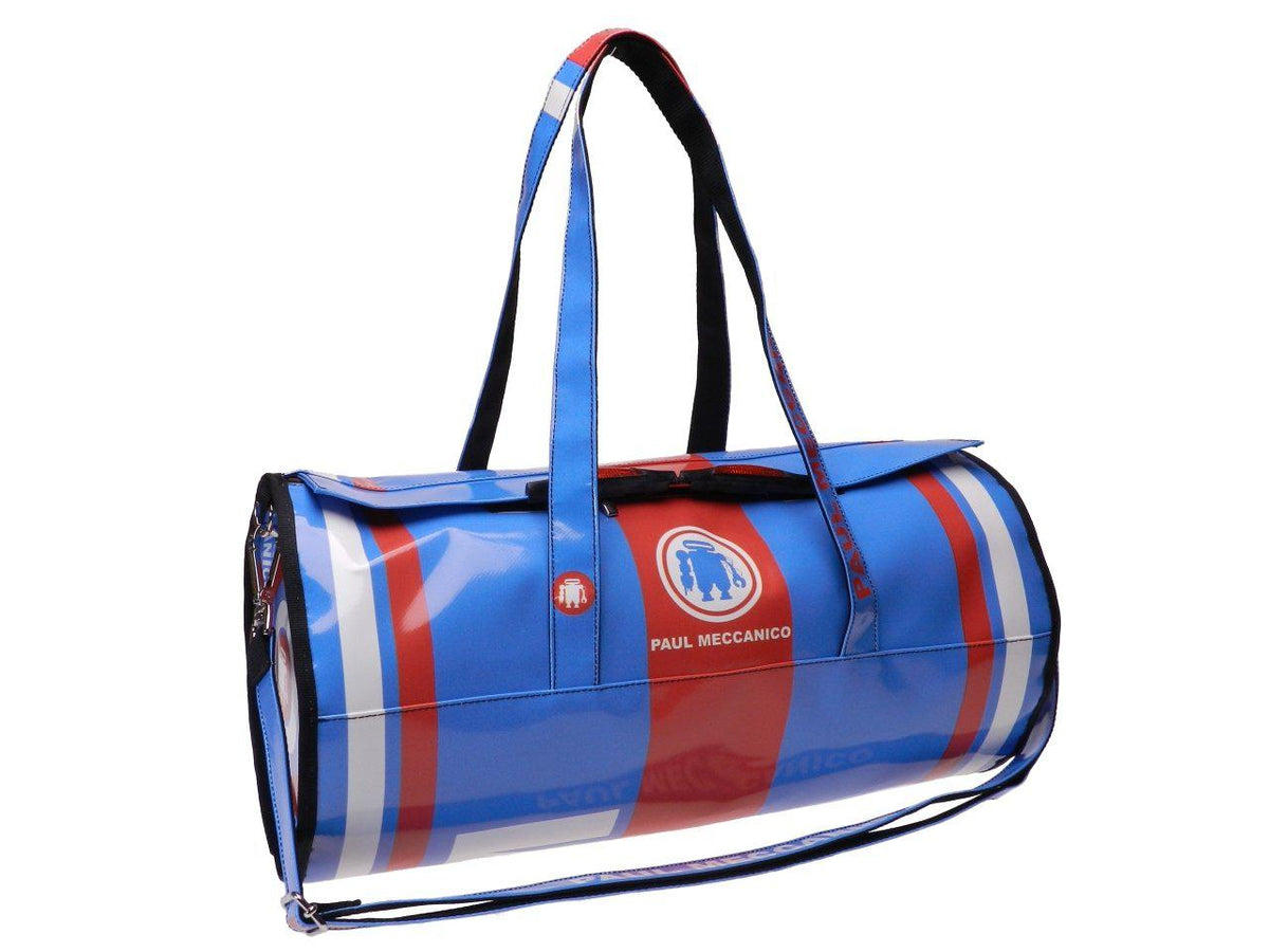 SPORTY BOSTON BAG BLUE, RED AND WHITE. MODEL ROLLING MADE OF LORRY TARPAULIN. - Unique Pieces Paul Meccanico