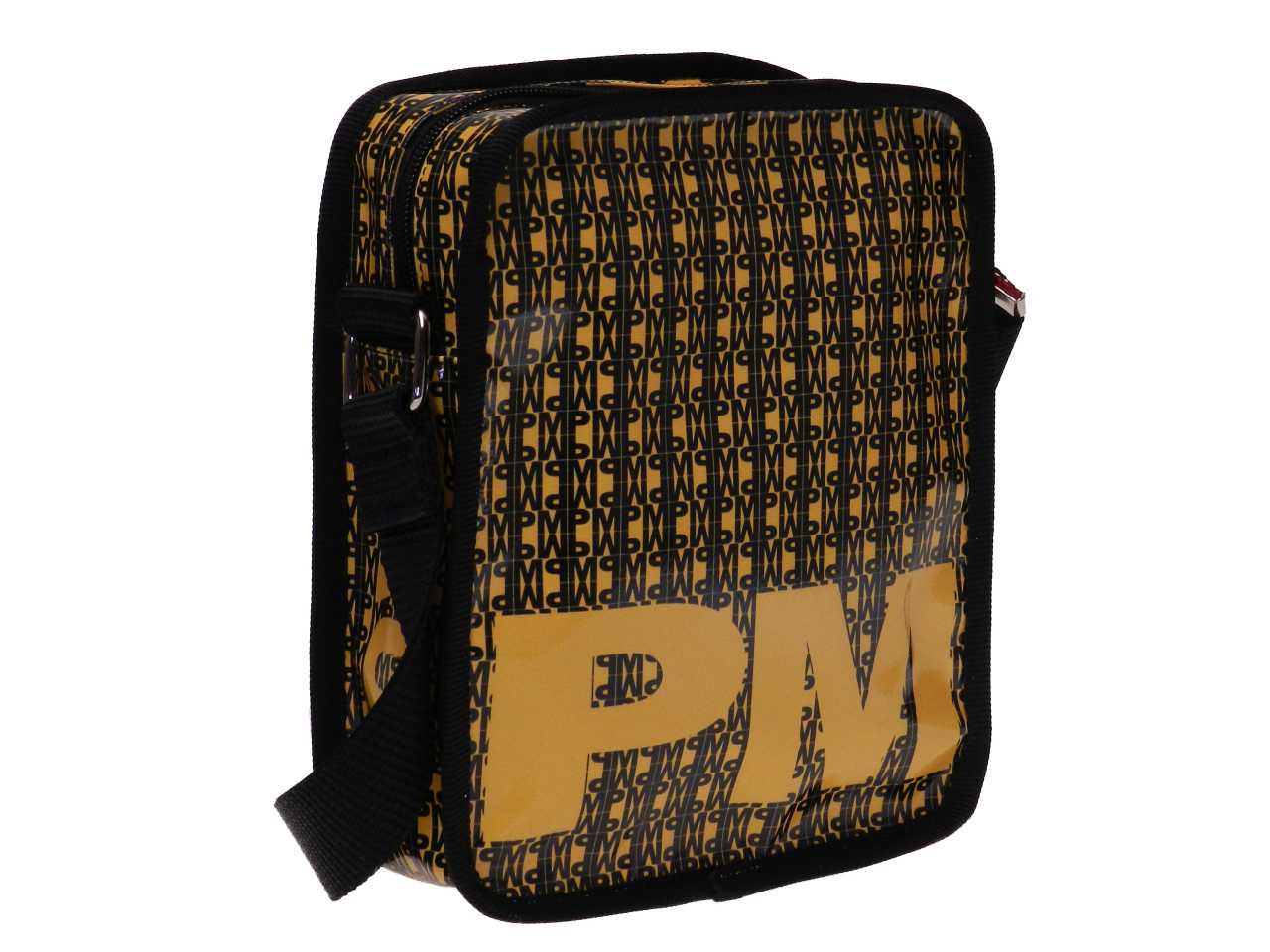 SHOULDER BAG BLACK AND YELLOW WITH LETTER FANTASY. MODEL STRATOS MADE OF LORRY TARPAULIN. - Limited Edition Paul Meccanico