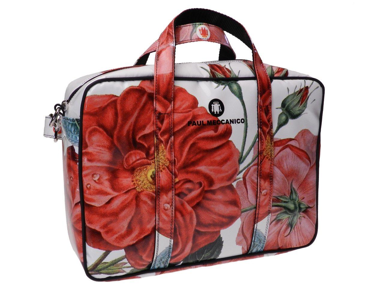 WOMAN BRIEFCASE OFF WHITE COLOUR FLORAL FANTASY. KART MODEL MADE OF LORRY TARPAULIN. - Limited Edition Paul Meccanico
